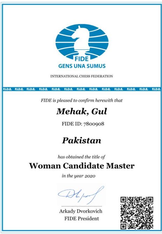 Chess player Mehk Gul's certificate