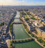 Aerial view of the river Seine crossing Paris, France.