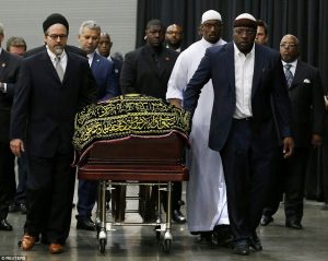 Muhammad Ali memorial service and Islamic funeral procession with pallbearers
