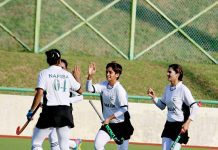 Women’s Hockey Asian Challenge 2017: Hamra’s hat trick in Pakistan’s 4-0 win over Brunei Pakistan celebrates one of Hamra Latif's goals (second from right)