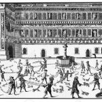 XVII century, fox tossing in Dresden castle courtyard, vintage e