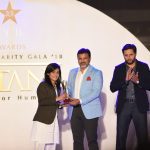 Javeria Khan receiving trophy from Moin Khan