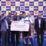 Uzbekistan’s Golib Kalandarov receiving Man of Tournament award from Tayyab Ikram, CEO Asian Hockey Federation