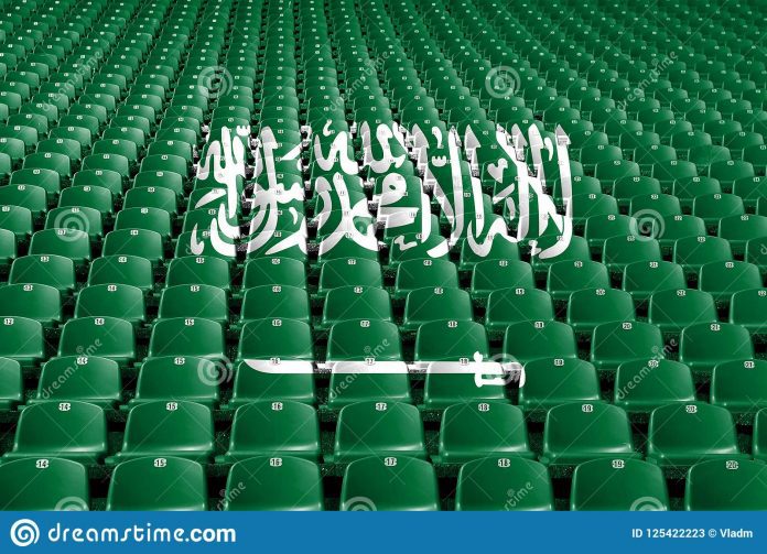 saudi-arabia-flag-stadium-seats-sports-competition-concept-saudi-arabia-flag-stadium-seats-sports-competition-concept-125422223 2034 FIFA World Cup: Saudi Arabia to Host; New Milestone For Middle Eastern Football