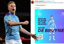 Football-EPL Player of Season Award: Manchester City’s De Bruyne Winner