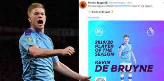 Football-EPL Player of Season Award: Manchester City’s De Bruyne Winner