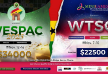 2025 Scrabble Events: Ghana To Host WESPAC & World Team Scrabble Championships A vibrant poster announcing the 2025 WESPAC World Team Scrabble Championships to be held in Accra, Ghana. The poster features the event logo, dates (November 7-10 and 12-16), prize pools, and other essential details.