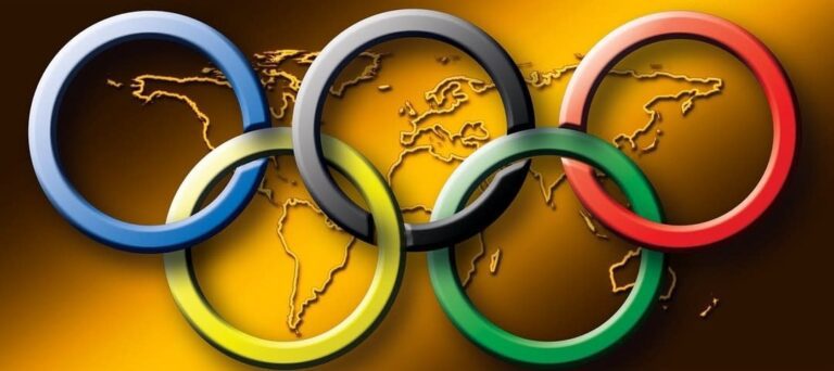 Olympic rings on a world map, representing the upcoming Summer and Winter Games.